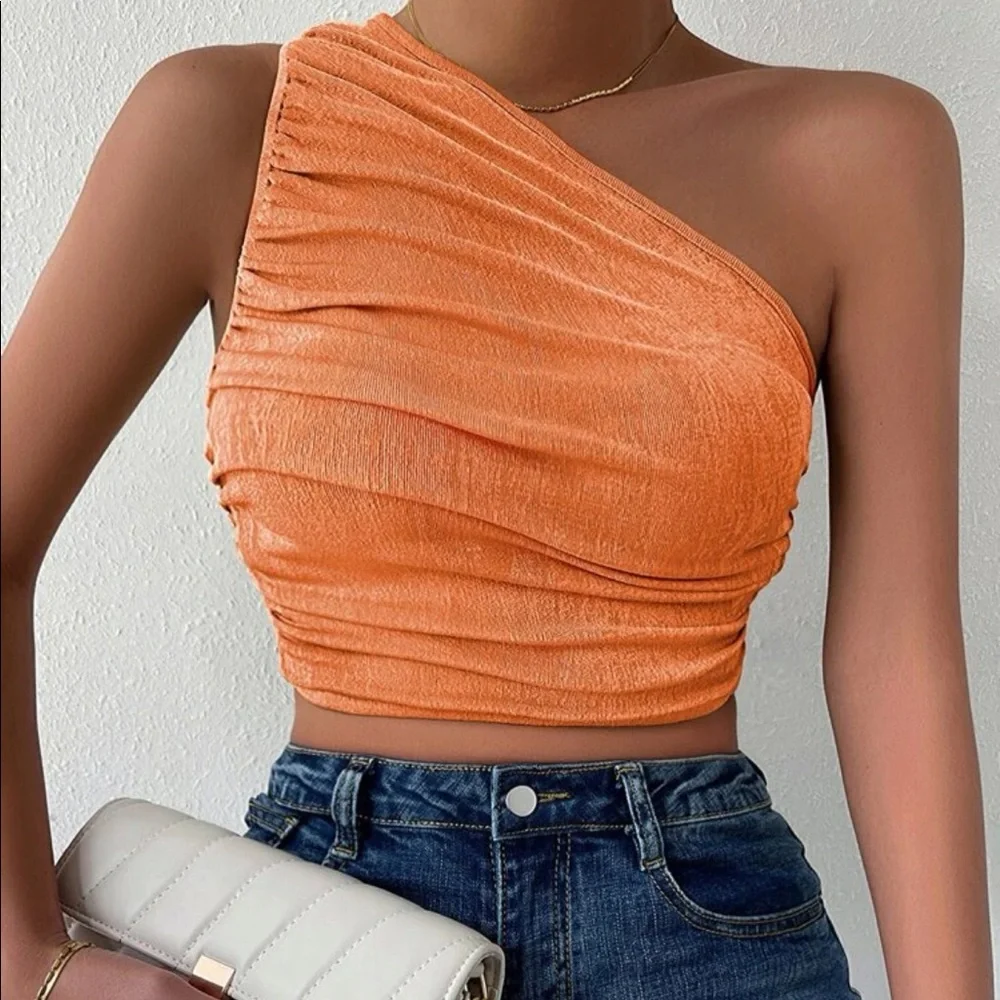 NWOT | One shoulder Ruched Crop Top | Coral Orange - Picture 1 of 3